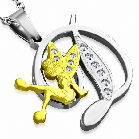 Pendentif en acier inoxydable Ange gardien fée minuscule dorée sur lettre D argentée avec strass