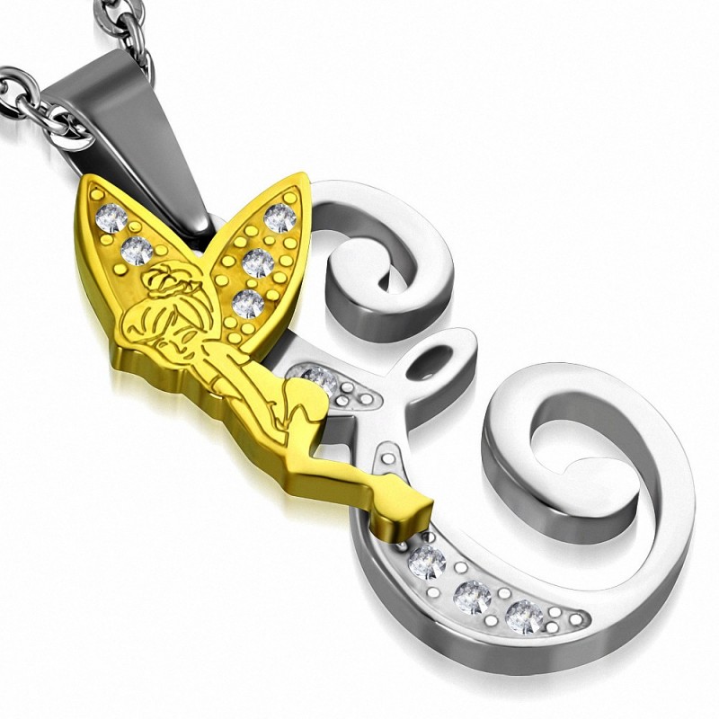 Pendentif en acier inoxydable Ange gardien fée minuscule dorée sur lettre E argentée avec strass