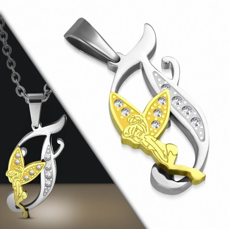 Pendentif en acier inoxydable Ange gardien fée minuscule dorée sur lettre F argentée avec strass