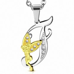 Pendentif en acier inoxydable Ange gardien fée minuscule dorée sur lettre F argentée avec strass