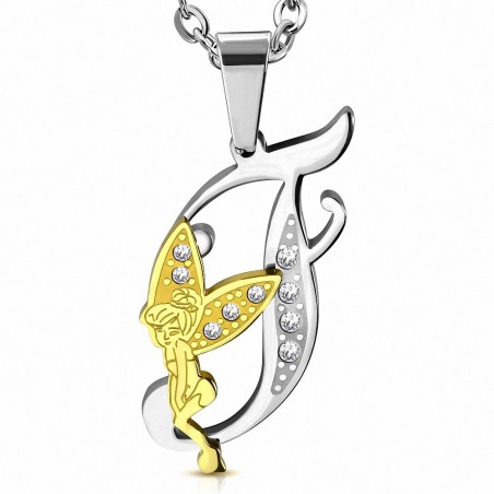 Pendentif en acier inoxydable Ange gardien fée minuscule dorée sur lettre F argentée avec strass