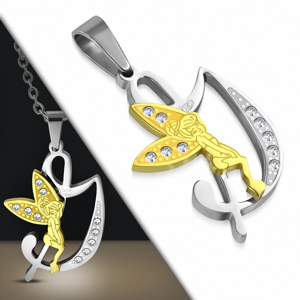 Pendentif en acier inoxydable Ange gardien fée minuscule dorée sur lettre G argentée avec strass