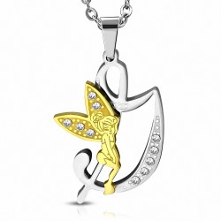 Pendentif en acier inoxydable Ange gardien fée minuscule dorée sur lettre G argentée avec strass