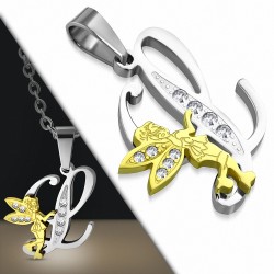 Pendentif en acier inoxydable Ange gardien fée minuscule dorée sur lettre L argentée avec strass