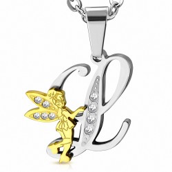 Pendentif en acier inoxydable Ange gardien fée minuscule dorée sur lettre L argentée avec strass