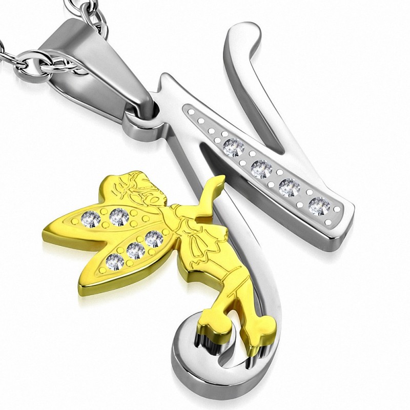 Pendentif charm de l'alphabet N avec ailes de l'ange gardien en acier inoxydable 2 tons