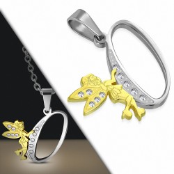 Pendentif en acier inoxydable Ange gardien fée minuscule dorée sur lettre O argentée avec strass