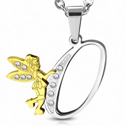 Pendentif en acier inoxydable Ange gardien fée minuscule dorée sur lettre O argentée avec strass