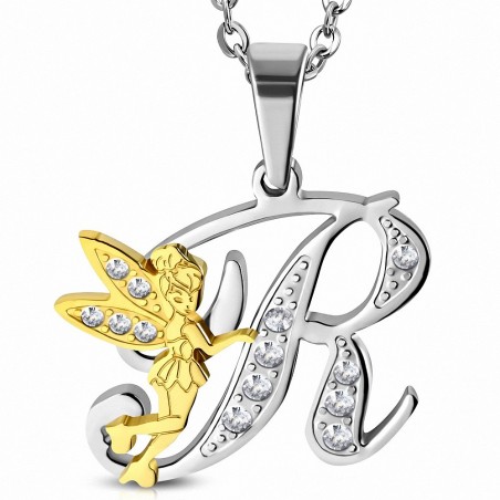 Pendentif en acier inoxydable Ange gardien fée minuscule dorée sur lettre R argentée avec strass