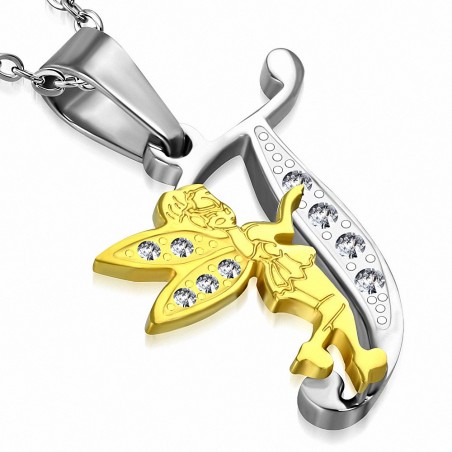 Pendentif en forme charm avec alphabet en forme de petite fée en acier inoxydable 2 tons en acier inoxydable avec / strass