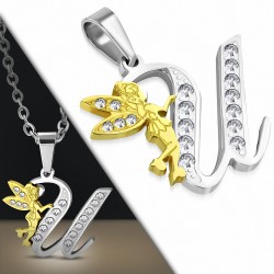 Pendentif en forme de U en alphabet avec fée en acier inoxydable et bicolore