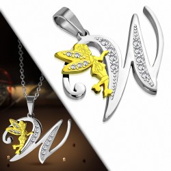 Pendentif en acier inoxydable Ange gardien fée minuscule dorée sur lettre W argentée avec strass