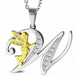 Pendentif en acier inoxydable Ange gardien fée minuscule dorée sur lettre W argentée avec strass