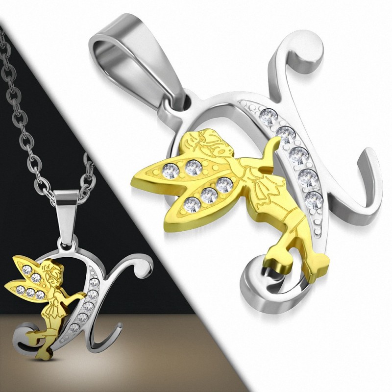 Pendentif en acier inoxydable Ange gardien fée minuscule dorée sur lettre X argentée avec strass