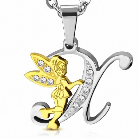 Pendentif en acier inoxydable Ange gardien fée minuscule dorée sur lettre X argentée avec strass
