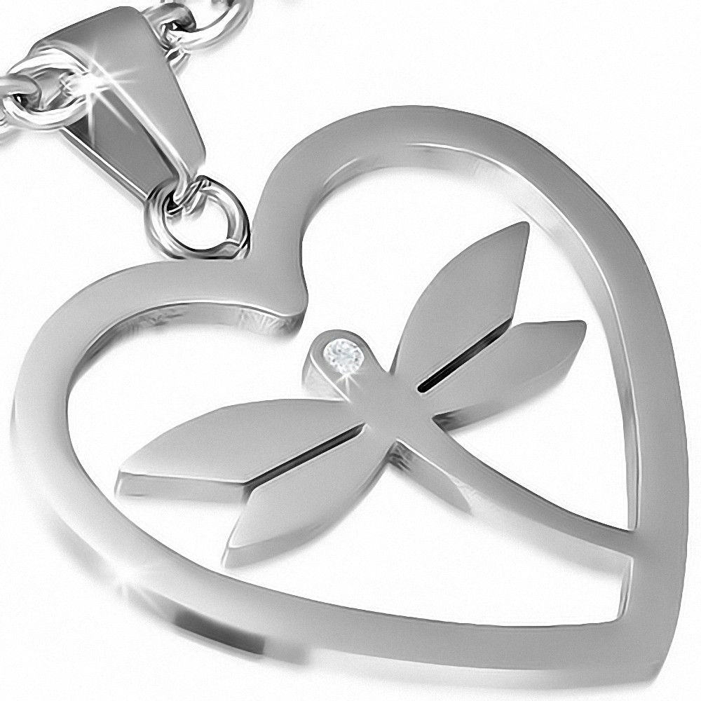 Pendentif à libellule en acier inoxydable avec coeur d'amour ouvert en acier inoxydable gemme