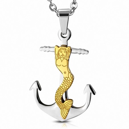 Pendentif breloque ancre marine sirène en acier inoxydable 2 tons