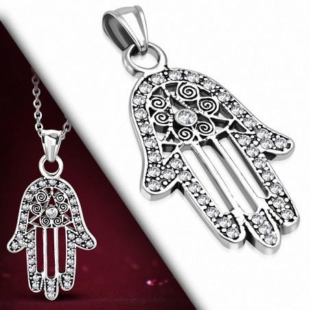 Pendentif en forme de main en spirale en filigrane en acier inoxydable avec Fatima / Hamsa gemme transparent