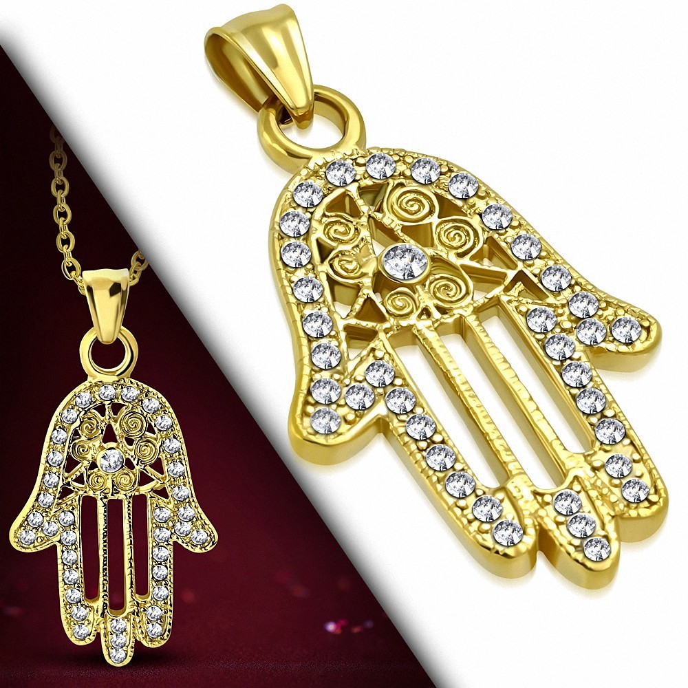 Pendentif en forme de coeur en spirale en filigrane en acier inoxydable doré avec Fatima / Hamsa et strass transparent