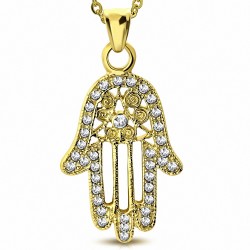 Pendentif en forme de coeur en spirale en filigrane en acier inoxydable doré avec Fatima / Hamsa et strass transparent