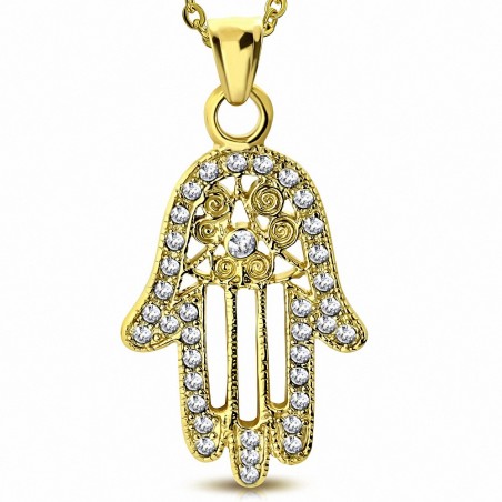 Pendentif en forme de coeur en spirale en filigrane en acier inoxydable doré avec Fatima / Hamsa et strass transparent