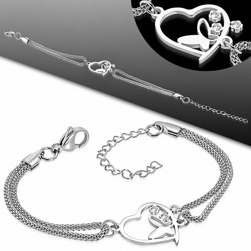 Bracelet maillon de rallonge avec coeur ouvert et papillon en acier inoxydable et strass transparents