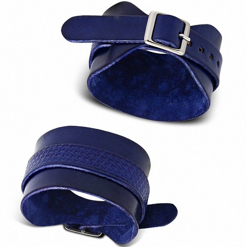 Bracelet en cuir véritable double boucle de ceinture en cuir bleu