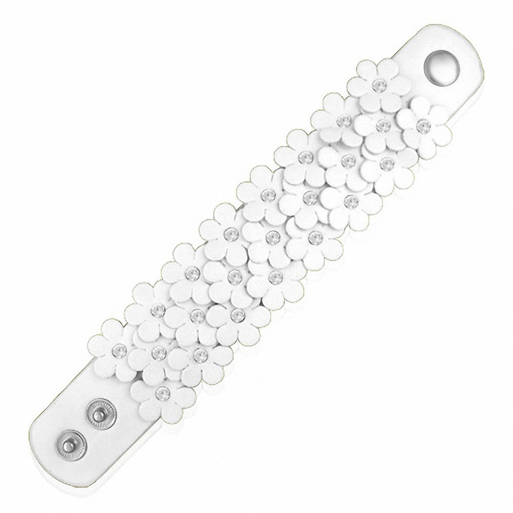 Bracelet fantaisie avec pression en cuir blanc et cristal avec étoiles