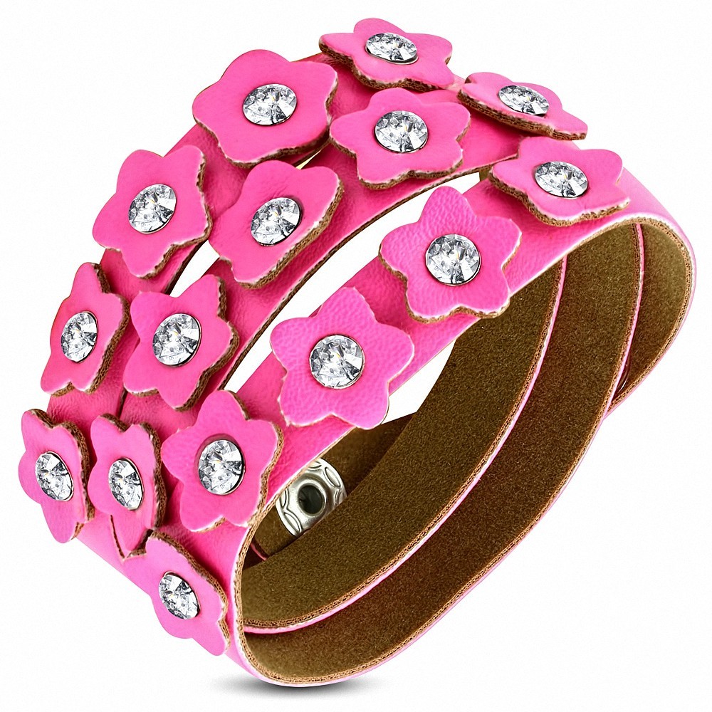 Bracelet à pression en cuir PU avec goujon triple en forme de fleur en cuir rose