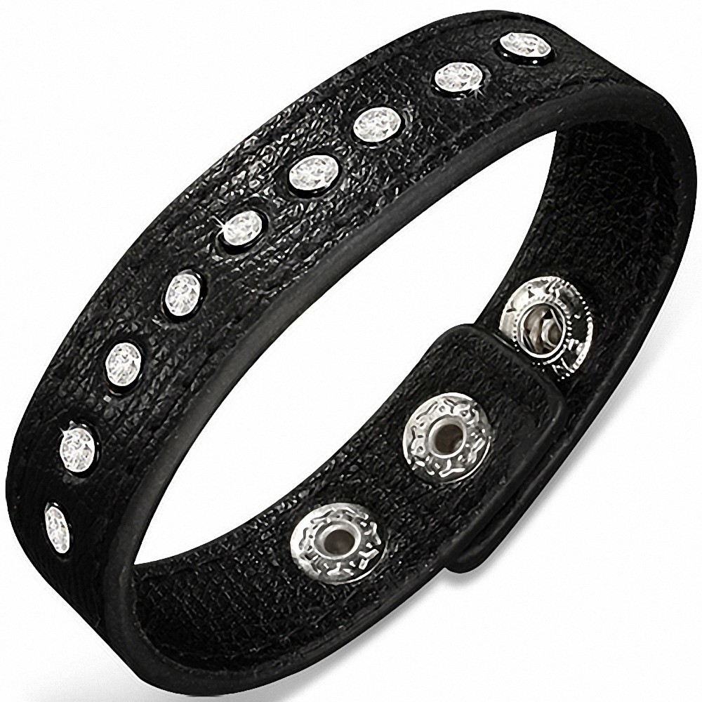 Bracelet pression en cuir PU noir gemme