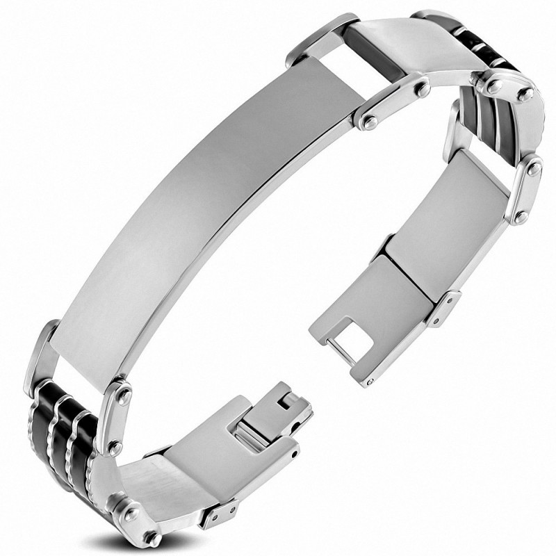 Bracelet d'identification en forme de montre gravable en acier inoxydable avec deux tons de caoutchouc noir A