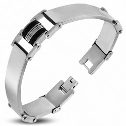 Bracelet de style montre gravable en acier inoxydable avec caoutchouc noir 2 tons A