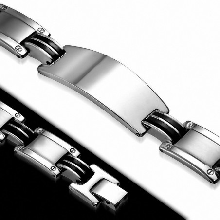 Bracelet en acier inoxydable avec bracelet en forme de montre gravable en caoutchouc noir C