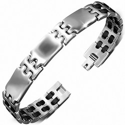 Bracelet en acier inoxydable avec maillons gravés Panthère géométrique à 2 tons en caoutchouc noir