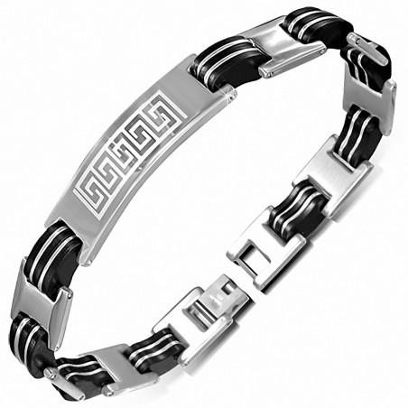 Bracelet de style montre en acier inoxydable avec clé grecque 2 tons en caoutchouc noir