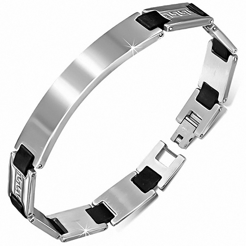 Bracelet d'identité en forme de montre gravable en acier inoxydable avec deux tons de caoutchouc noir