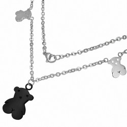 Collier en acier inoxydable argenté avec fermoir pince de homard et breloque ourson  noir