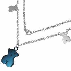 Collier en acier inoxydable argenté avec fermoir pince de homard et breloque ourson  bleu