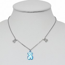 Collier en acier inoxydable argenté avec fermoir pince de homard et breloque ourson  bleu