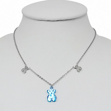 Collier en acier inoxydable argenté avec fermoir pince de homard et breloque ourson  bleu