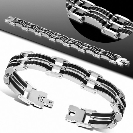 13mm | Bracelet à maillons  hommes en acier inoxydable avec caoutchouc noir géométrique