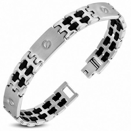 Bracelet à maillons panthère en acier inoxydable avec vis en caoutchouc noir à deux tons 154