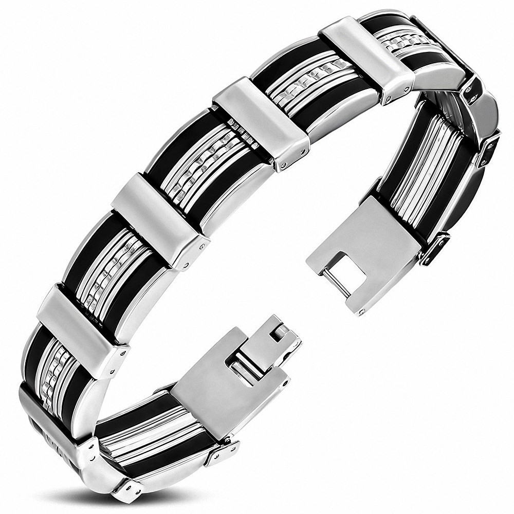 Bracelet à maillons panthère en acier inoxydable avec caoutchouc noir 171