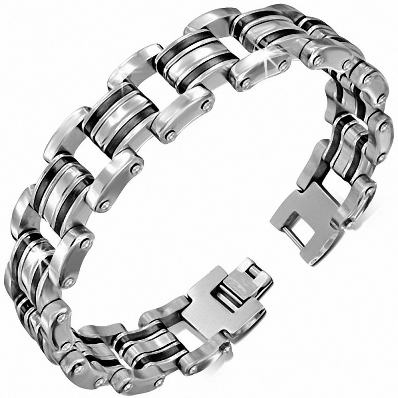 Bracelet à maillons  hommes en acier inoxydable avec caoutchouc noir 175