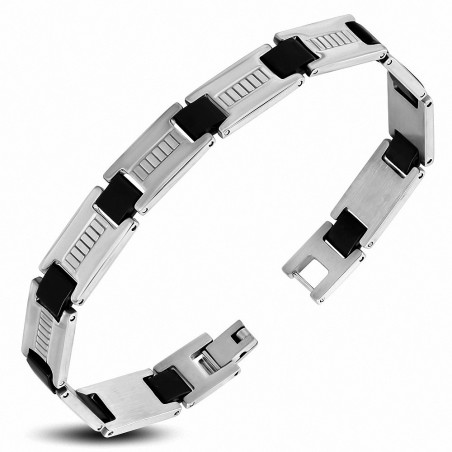 Bracelet à maillons panthère rainuré en acier noir avec caoutchouc noir 180