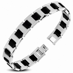 L-21cm | Bracelet à maillons  hommes en acier inoxydable avec caoutchouc noir Alphabet I