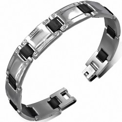 Bracelet à maillons en acier inoxydable avec panthère grecque 2 tons en caoutchouc noir