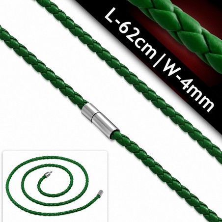 L-62cm W-4mm | Chaîne de cuir tressé PVC à chaîne  verte avec verrou en cuivre