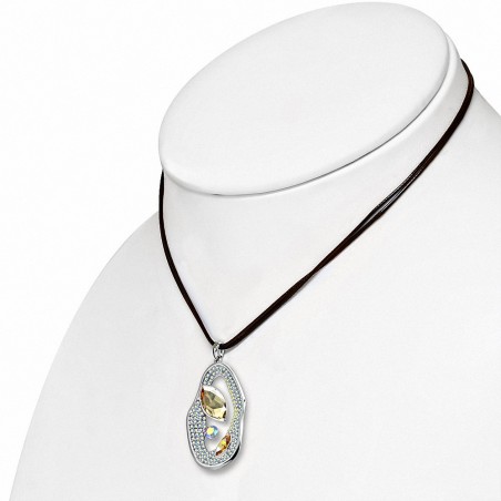 Collier de corde et pendentif ovoïforme alliage avec or blanc et cristaux dorés