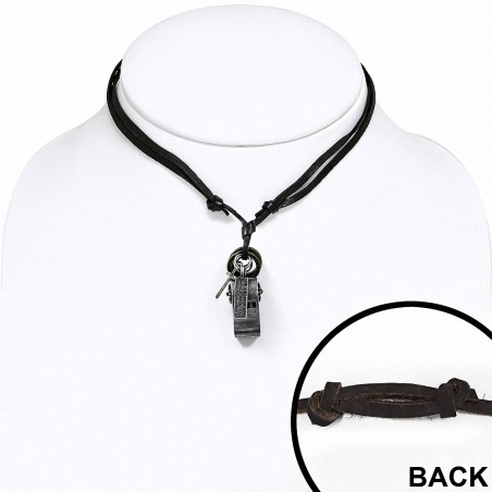 Alliage 3-ton sport sifflet anneau croix tag charm réglable noir véritable cuir motard collier